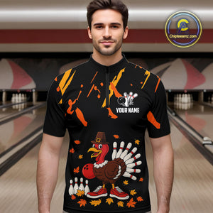 Custom Turkey Bowling Shirts For Men, Black and Orange Thanksgiving Autumn Team Bowling Jersey NQS10684