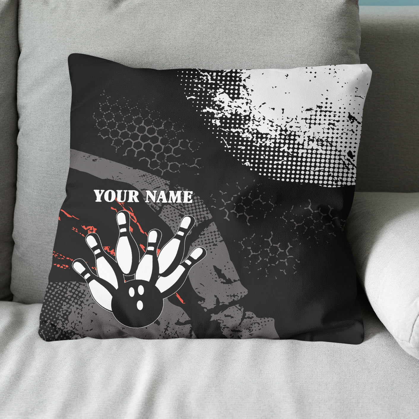 Personalized black and white retro bowling ball pins custom name Canvas, Linen Throw Pillow NQS7024