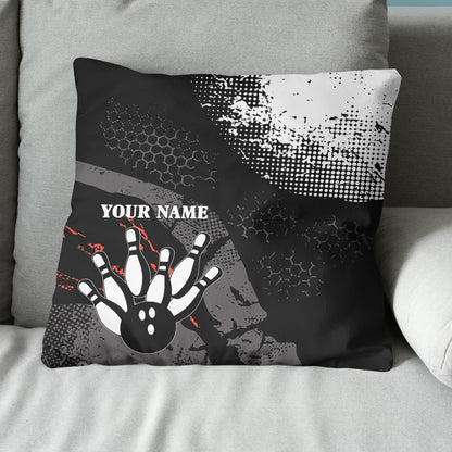 Personalized black and white retro bowling ball pins custom name Canvas, Linen Throw Pillow NQS7024
