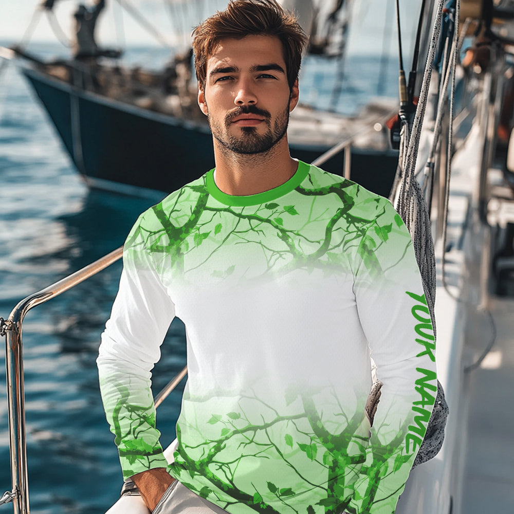 Personalized name White and Green Camo performance long sleeve team fishing tournament shirts NQS9554