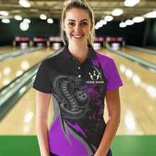Load image into Gallery viewer, Black and Purple Flame Cobra Snake Bowling Shirts For Women Custom Name Bowling Team League Shirt NQS9714