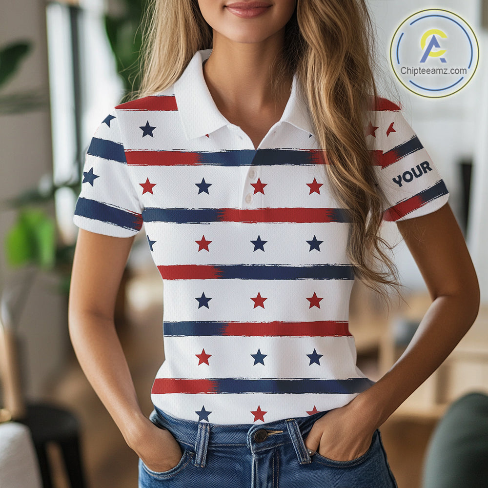 Red, White and Blue stars pattern Women golf polo shirts Custom patriotic ladies golf attire NQS9980