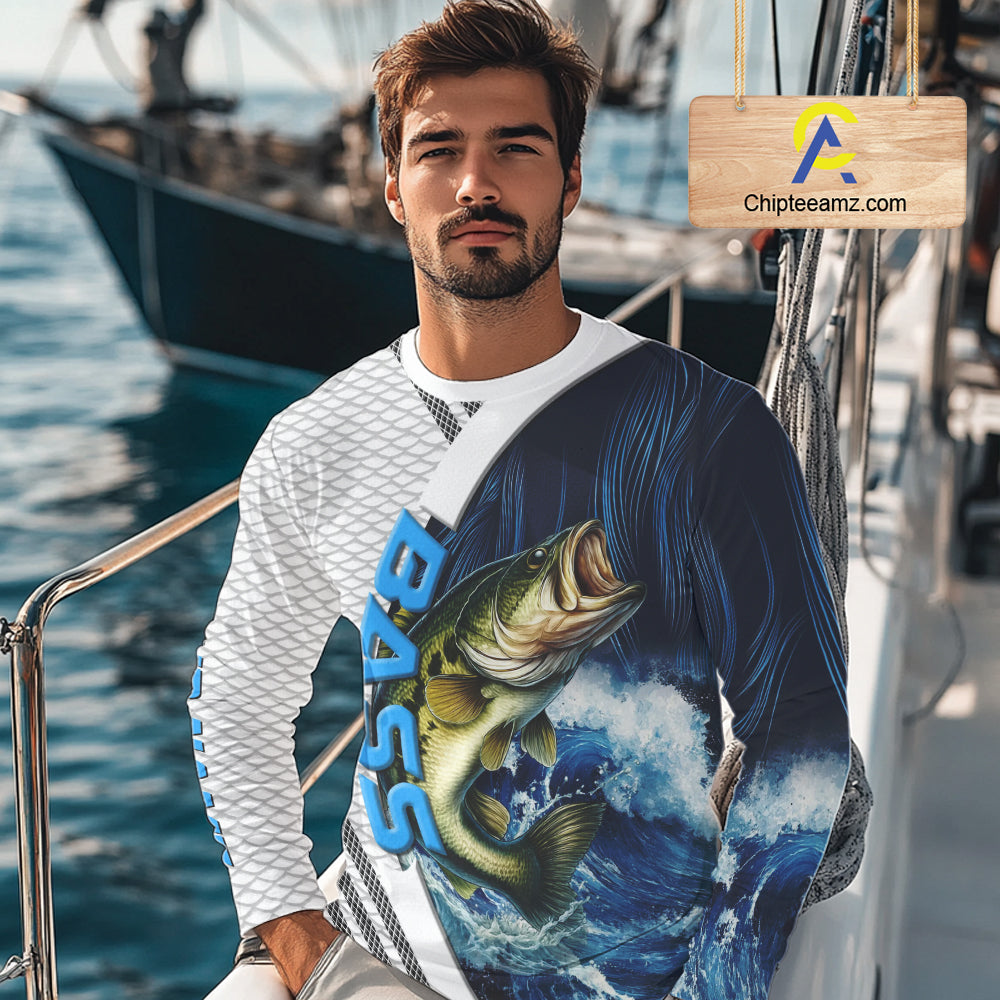 Blue and White Camo Largemouth Bass fishing Custom name sun protection Bass fishing team jerseys NQS9981