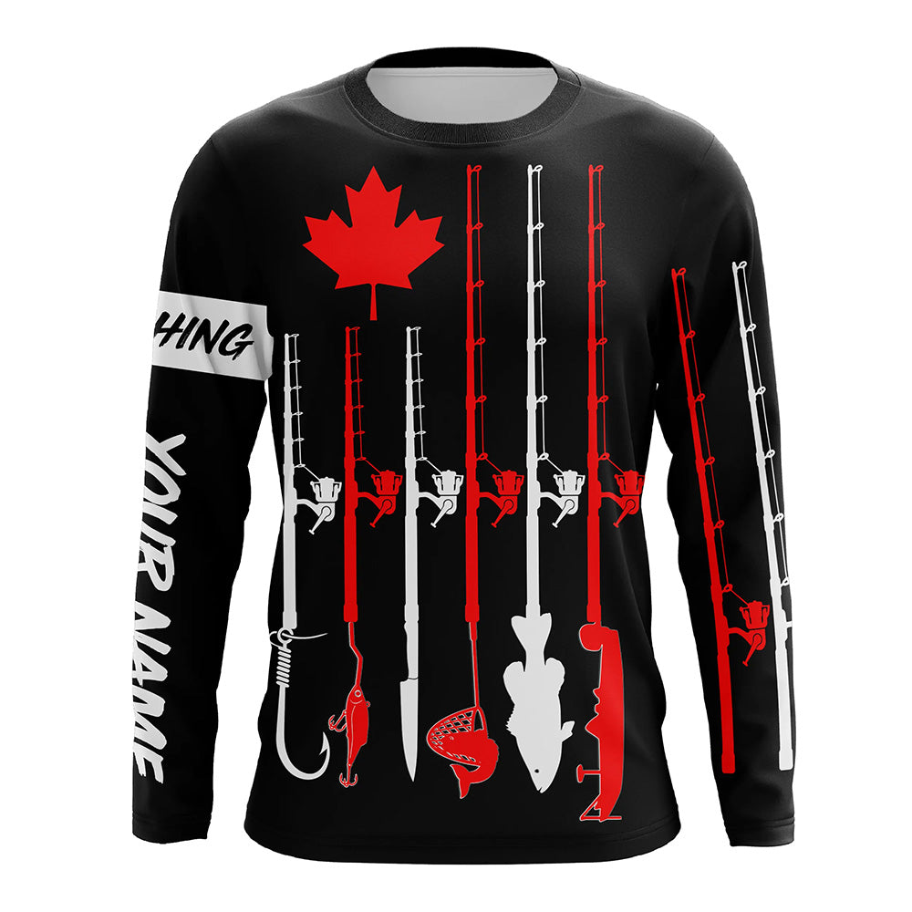 Personalized Canadian flag fishing rod UV protection patriotic fishing jerseys for fisherman | Black NQS5764