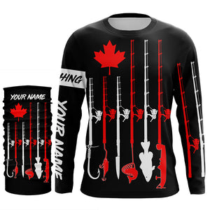 Personalized Canadian flag fishing rod UV protection patriotic fishing jerseys for fisherman | Black NQS5764
