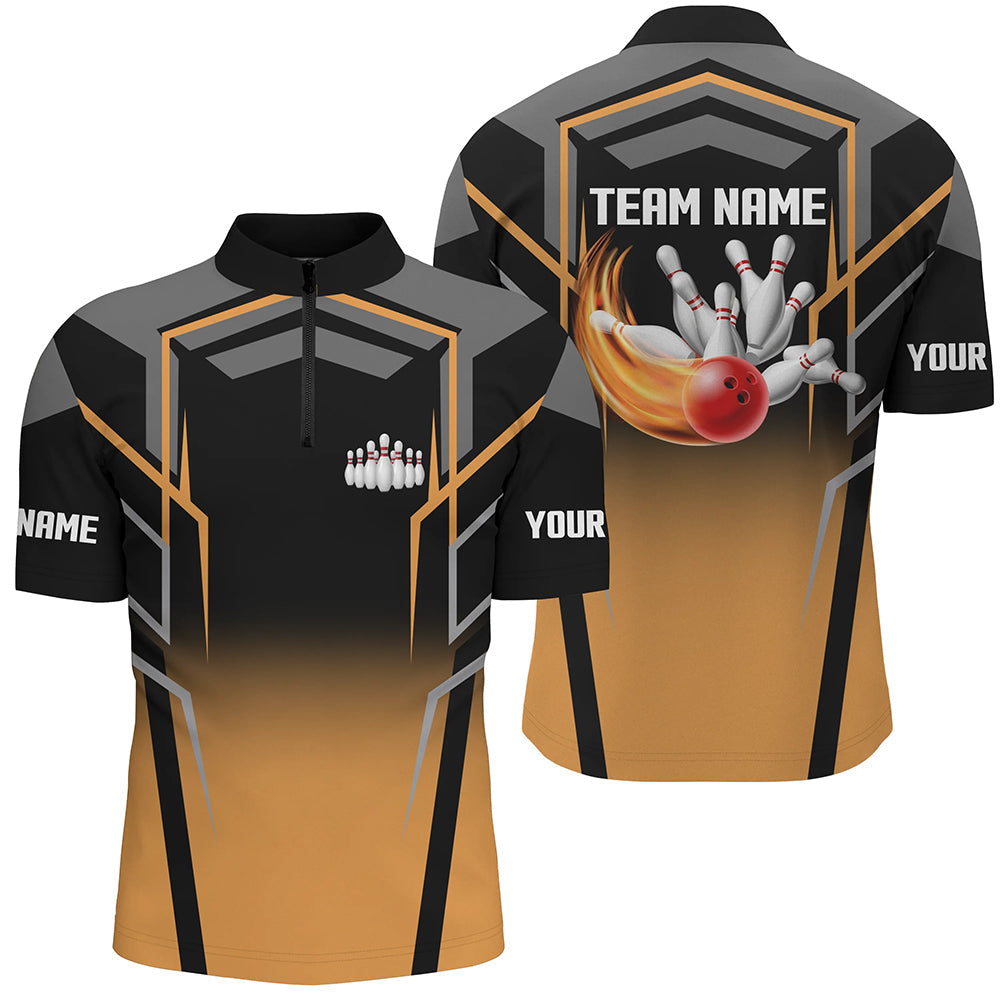 Black and Orange Bowling Polo, 1/4 Quarter Zip Shirts For Men, Custom Bowling Jerseys for Team bowlers NQS7855
