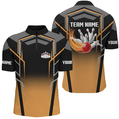 Black and Orange Bowling Polo, 1/4 Quarter Zip Shirts For Men, Custom Bowling Jerseys for Team bowlers NQS7855