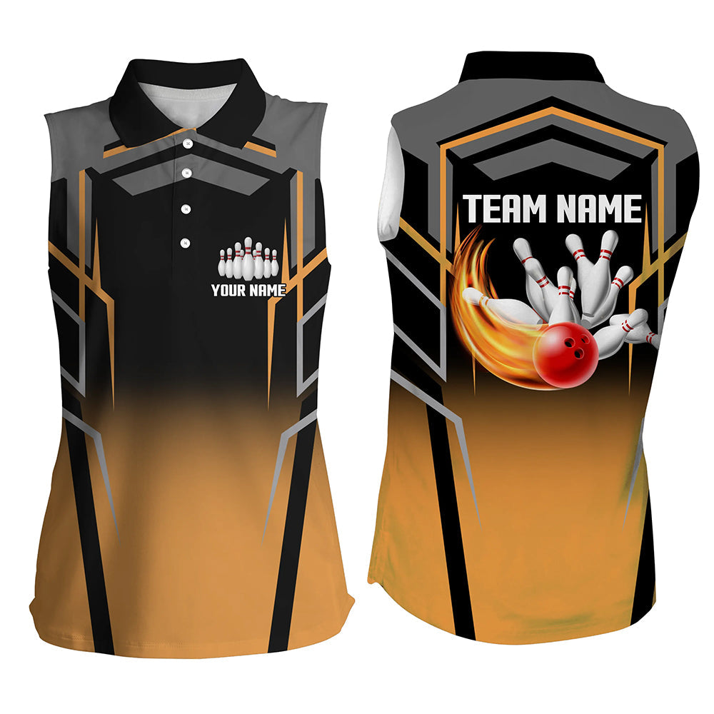 Black and Orange Bowling Sleeveless Polo Shirts For Women, Custom Bowling Jerseys For Team bowlers NQS7855