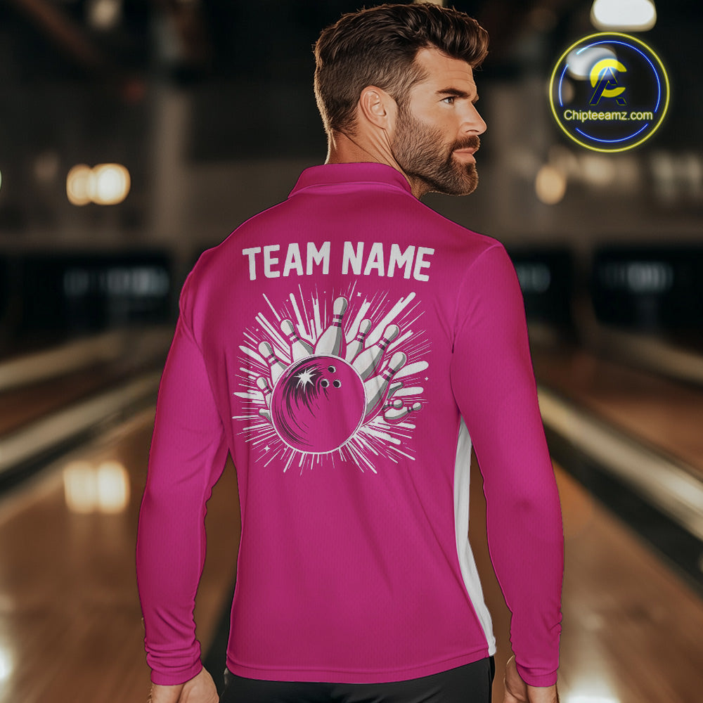 Pink and white Retro Bowling shirts For Men Custom team bowling jerseys gift for Bowlers NQS10147