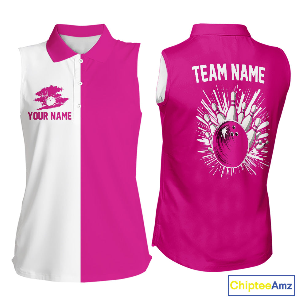 Pink and white Retro Bowling Women sleeveless Polo Shirt Custom team bowling jersey gift for Bowler NQS10147