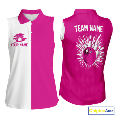 Pink and white Retro Bowling Women sleeveless Polo Shirt Custom team bowling jersey gift for Bowler NQS10147