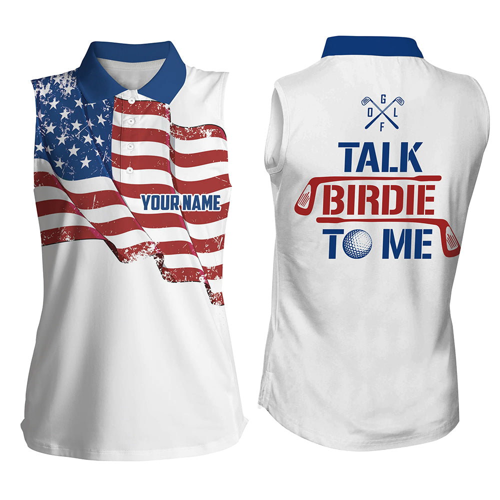 Funny Women sleeveless polo shirt custom American flag patriotic white golf shirts talk birdie to me NQS5963