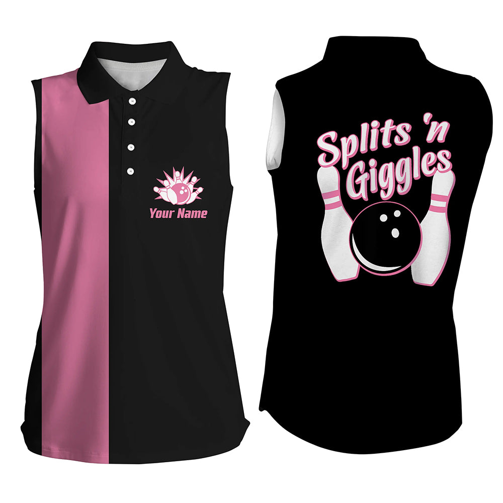 Splits'n Giggles Bowling sleeveless polo Shirt For Women Personalized pink retro bowling Jersey NQS5967