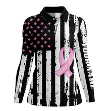 Load image into Gallery viewer, Pink ribbon American Flag patriotic Women golf polo shirts custom Breast Cancer awareness golf shirts NQS8284