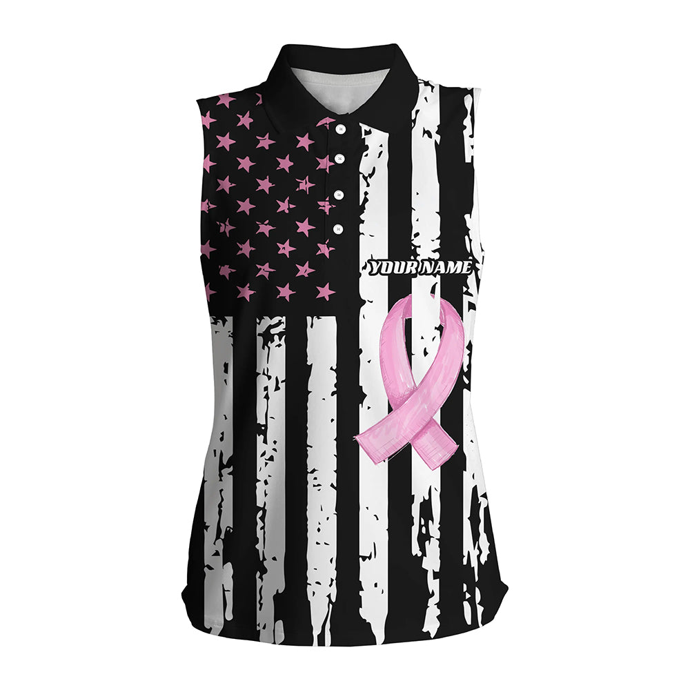 Pink ribbon American Flag patriot Women sleeveless golf top custom Breast Cancer awareness golf shirts NQS8284