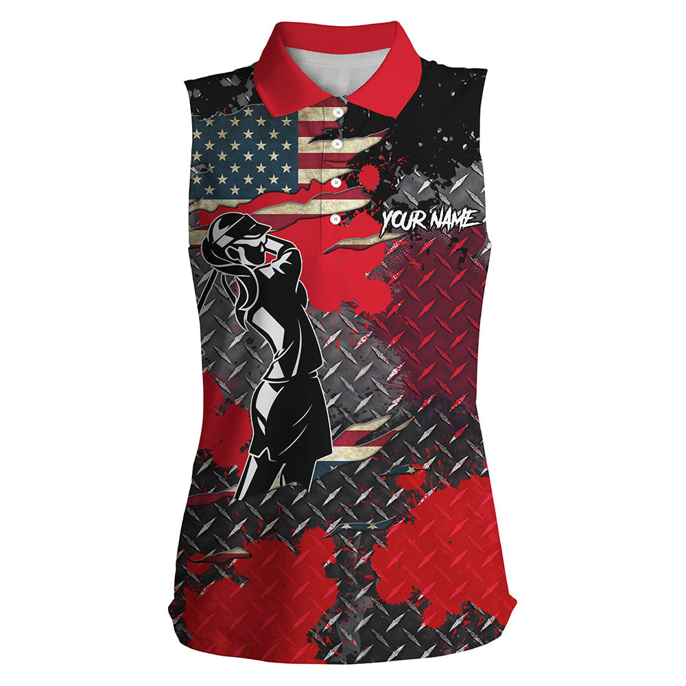 Red metal pattern American Flag Womens sleeveless polo shirts custom patriotic team golf shirts NQS8286