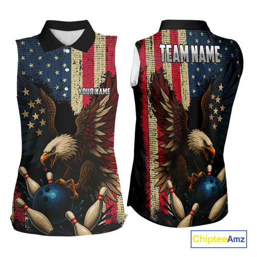 Vintage American Flag Eagle Bowling Sleeveless Polo Shirt Custom Patriotic Retro Team bowling jerseys NQS10475
