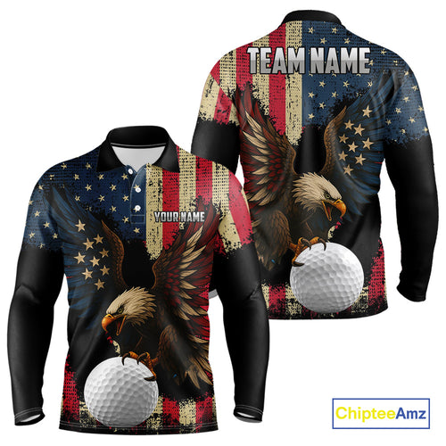 Vintage American Flag Eagle Mens Golf Polo Shirt Custom Patriotic Retro Team golf attire for men NQS10476
