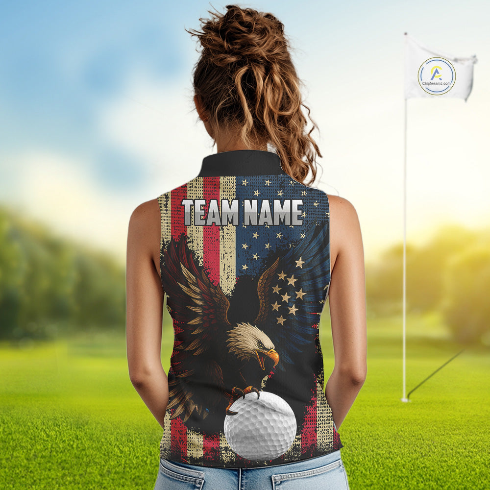 Vintage American Flag Eagle Sleeveless Golf Polo Shirt Custom Patriotic Retro Team ladies golf attire NQS10476