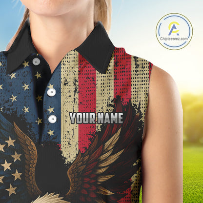 Vintage American Flag Eagle Sleeveless Golf Polo Shirt Custom Patriotic Retro Team ladies golf attire NQS10476