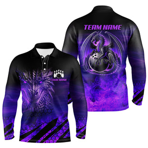 Black And Purple Custom Dragon Flame Bowling Shirts For Men, Dragon Fire Bowling Team Shirts NQS8499