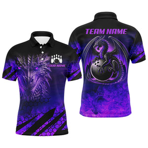 Black And Purple Custom Dragon Flame Bowling Shirts For Men, Dragon Fire Bowling Team Shirts NQS8499