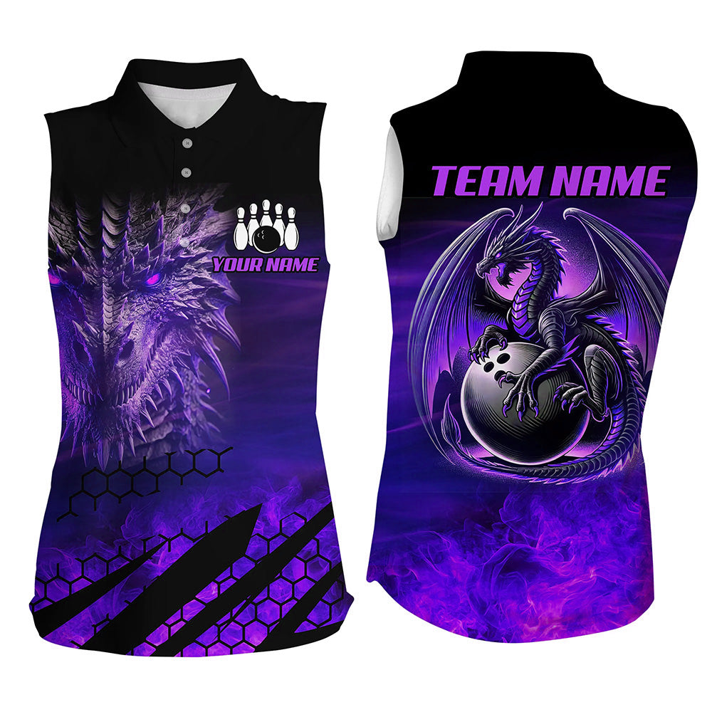 Black And Purple Custom Dragon Flame Bowling sleeveless polo Shirts, Dragon Fire Bowling Team Shirts NQS8499