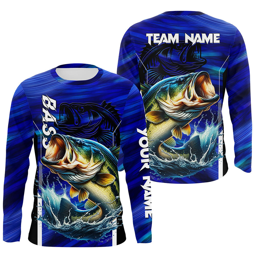 Largemouth Bass Fishing Custom long sleeve performance fishing shirts, team fishing shirt | Blue NQS8501