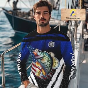 Crappie fishing American Flag Custom patriotic long sleeve team Crappie fishing shirts | Blue NQS10685