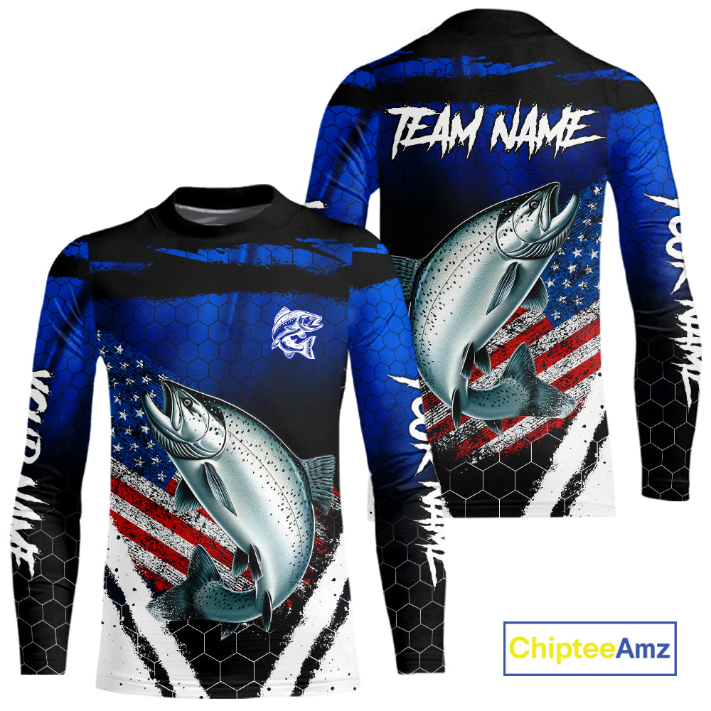 Salmon fishing American Flag Custom patriotic long sleeve team Salmon fishing shirts | Blue NQS10687