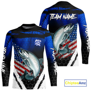Salmon fishing American Flag Custom patriotic long sleeve team Salmon fishing shirts | Blue NQS10687