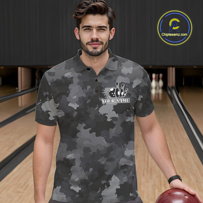 Bowling Polo, Quarter Zip shirts For Men Custom bowling ball and pins black camo Bowling Team Jersey NQS10889