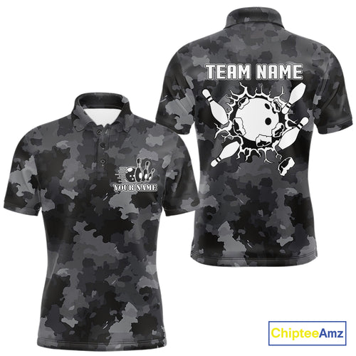 Bowling Polo, Quarter Zip shirts For Men Custom bowling ball and pins black camo Bowling Team Jersey NQS10889