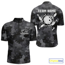 Load image into Gallery viewer, Bowling Polo, Quarter Zip shirts For Men Custom bowling ball and pins black camo Bowling Team Jersey NQS10889