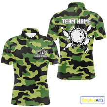 Load image into Gallery viewer, Bowling Polo, Quarter Zip shirts For Men Custom bowling ball and pins Green camo Bowling Team Jersey NQS10890
