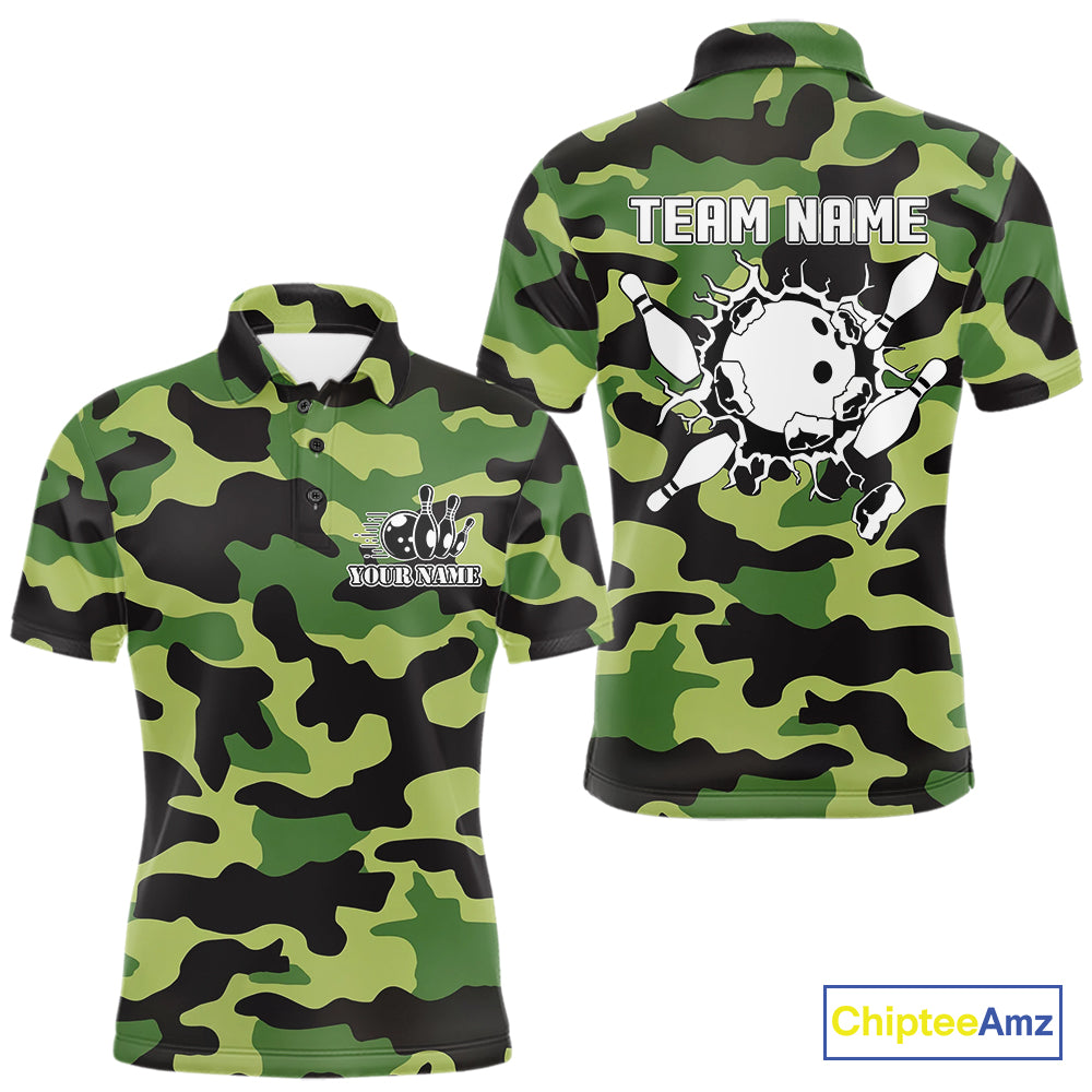 Bowling Polo, Quarter Zip shirts For Men Custom bowling ball and pins Green camo Bowling Team Jersey NQS10890
