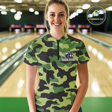 Load image into Gallery viewer, Bowling Polo, Quarter Zip shirts For Women Custom bowling ball &amp; pins Green camo Bowling Team Jersey NQS10890