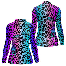 Load image into Gallery viewer, Neon Blue and purple leopard pattern Womens golf polo shirts Custom ladies golf tops, unique golf gift NQS9401