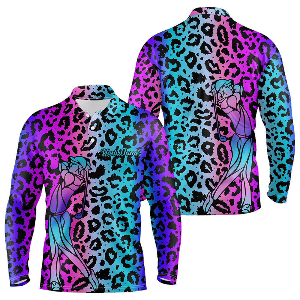 Neon Blue and purple leopard pattern Mens golf polo shirts Custom mens golf tops, unique golf gifts NQS9401