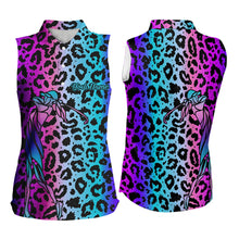 Load image into Gallery viewer, Neon Blue and purple leopard pattern Womens sleeveless golf polo shirts Custom ladies golf tops NQS9401