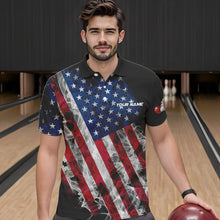 Load image into Gallery viewer, Smoke American Flag Black Bowling Polo, Quarter Zip shirt for men Custom patriotic Team bowling jersey NQS9405