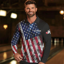 Load image into Gallery viewer, Smoke American Flag Black Bowling Polo, Quarter Zip shirt for men Custom patriotic Team bowling jersey NQS9405