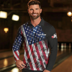 Smoke American Flag Black Bowling Polo, Quarter Zip shirt for men Custom patriotic Team bowling jersey NQS9405