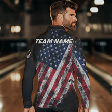 Load image into Gallery viewer, Smoke American Flag Black Bowling Polo, Quarter Zip shirt for men Custom patriotic Team bowling jersey NQS9405