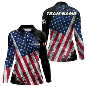 Smoke American Flag Black Women Bowling Polo, Quarter Zip shirt Custom patriotic Team bowling jersey NQS9405