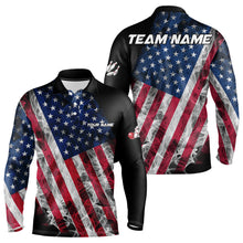 Load image into Gallery viewer, Smoke American Flag Black Bowling Polo, Quarter Zip shirt for men Custom patriotic Team bowling jersey NQS9405