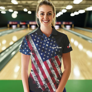 Smoke American Flag Black Women Bowling Polo, Quarter Zip shirt Custom patriotic Team bowling jersey NQS9405