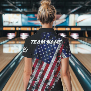 Smoke American Flag Black Women Bowling Polo, Quarter Zip shirt Custom patriotic Team bowling jersey NQS9405