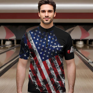 Smoke American Flag Black Bowling Polo, Quarter Zip shirt for men Custom patriotic Team bowling jersey NQS9405