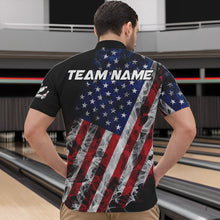 Load image into Gallery viewer, Smoke American Flag Black Bowling Polo, Quarter Zip shirt for men Custom patriotic Team bowling jersey NQS9405